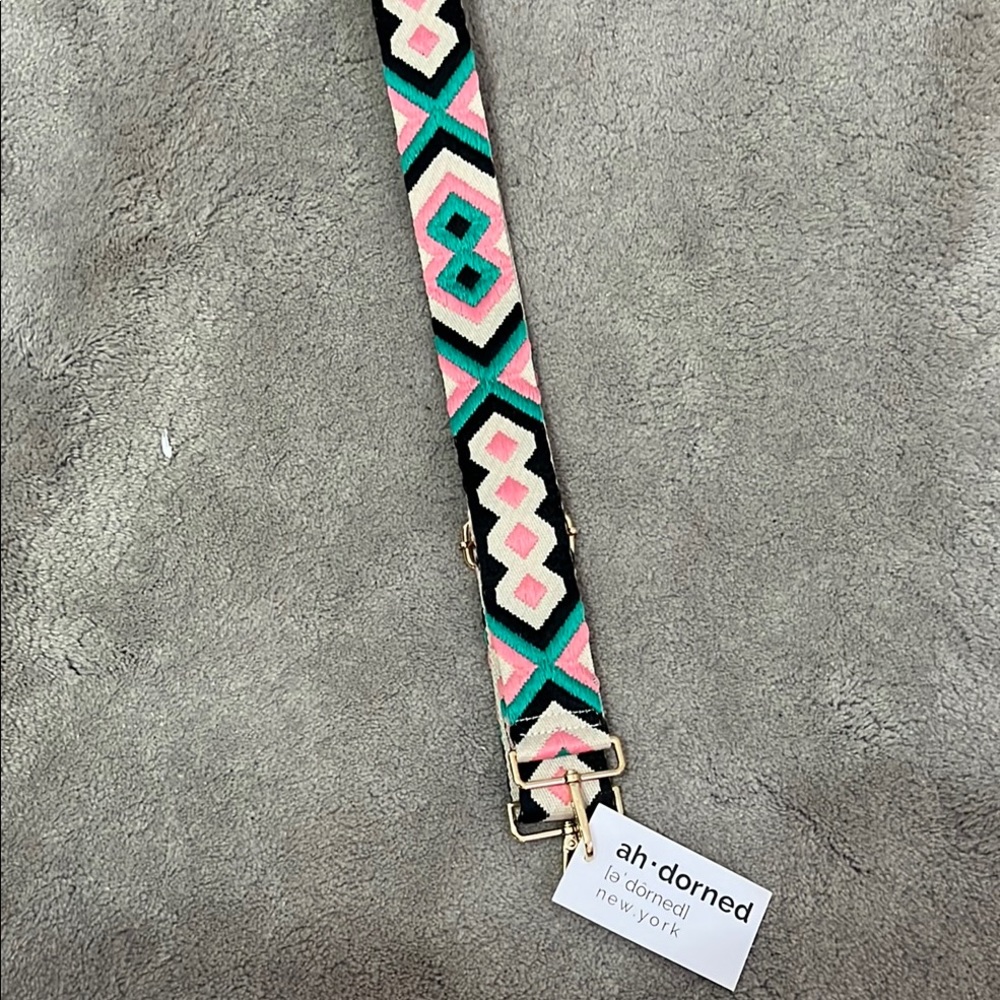 Pink and Black Geometric Bag Strap with Woven Design